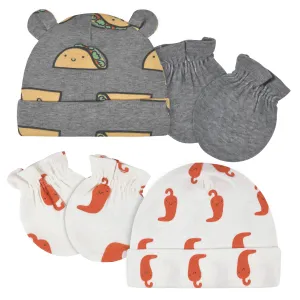 4-Piece Baby Neutral Comfy Stretch Taco Caps & No Scratch Mittens Set Gerber Childrenswea