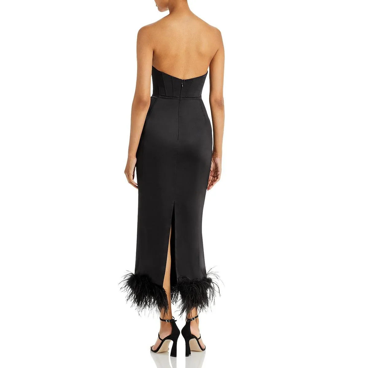 Affordable Luxury Womens Faux Feather Trim Midi Cocktail and Party Dress  Today Only!