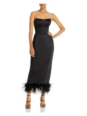 Affordable Luxury Womens Faux Feather Trim Midi Cocktail and Party Dress  Today Only!