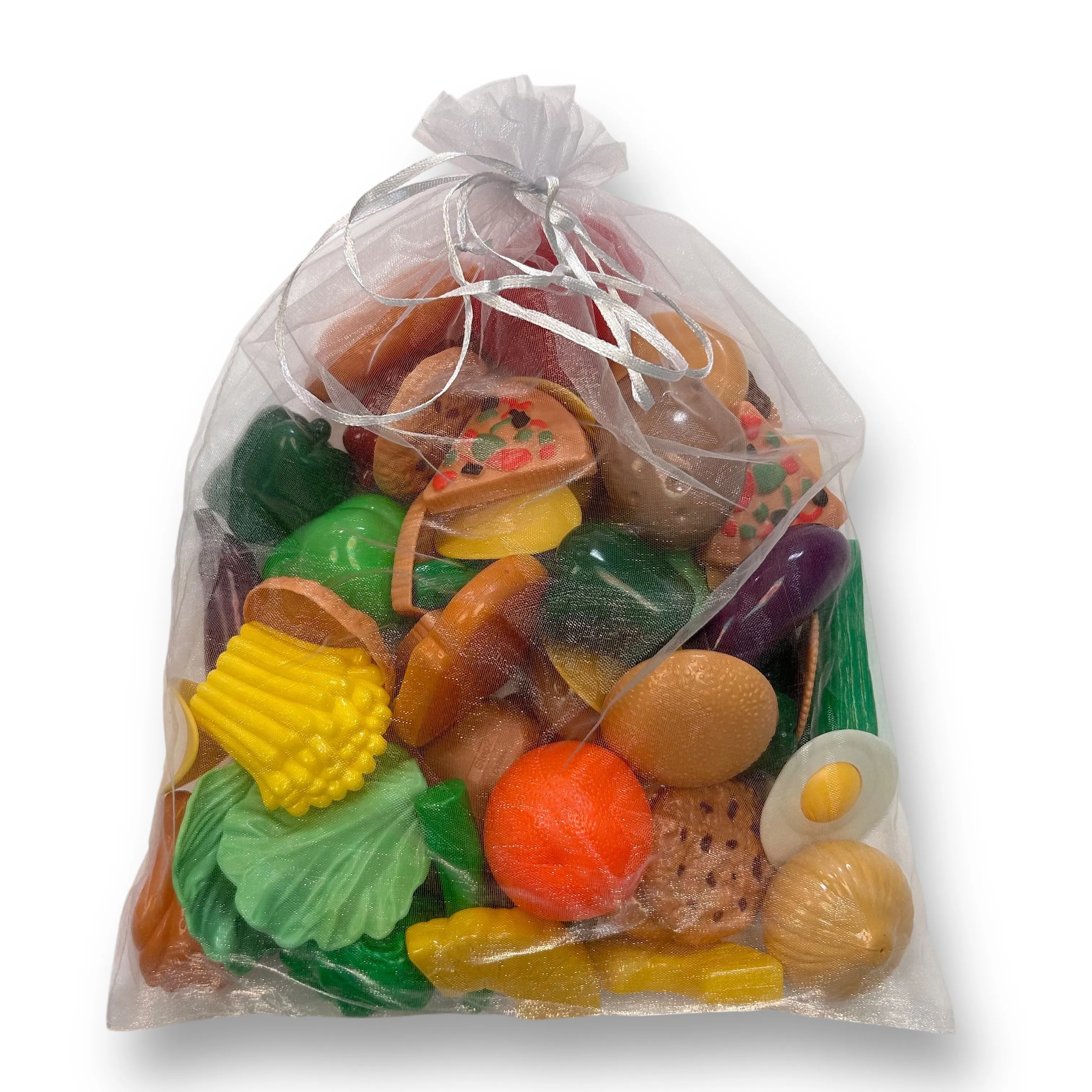 Assorted Plastic Play Food with Organza Drawstring Bag