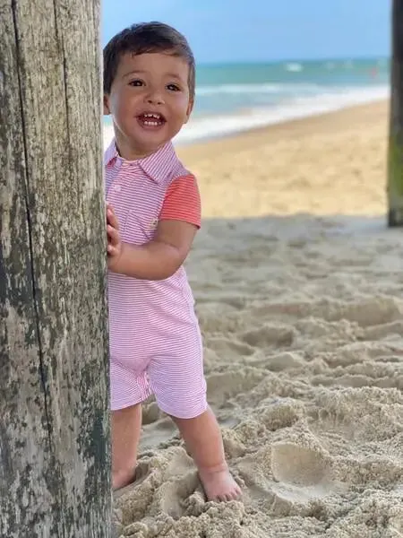 Baby Boy's Striped Saltash Polo Romper In Coral | Me & Henry