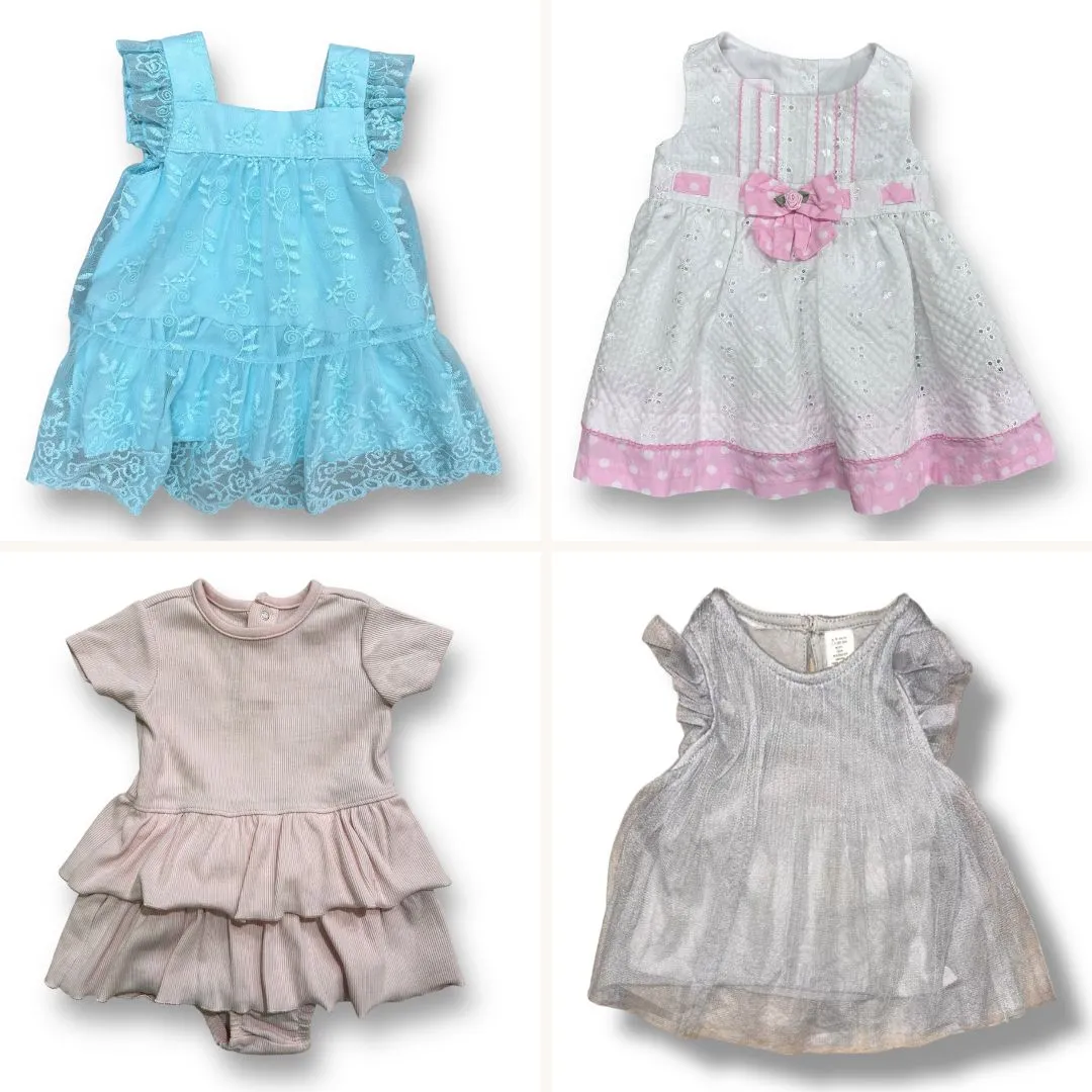 Baby Girl Size 6-9 Months Collection of 4 Pink, Silver, and Blue Dresses