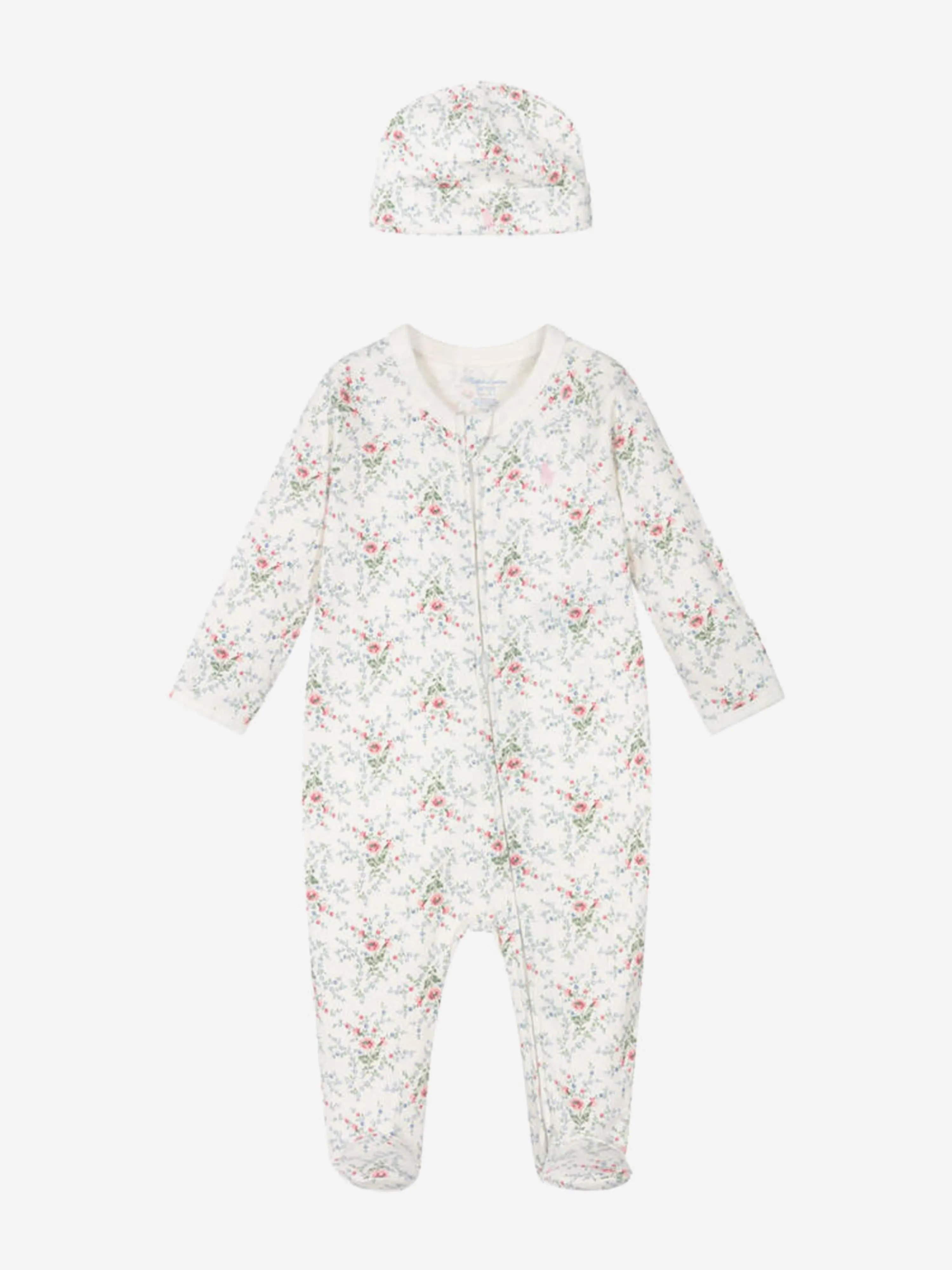 Baby Girls Floral Babygrow and Hat Set in Ivory