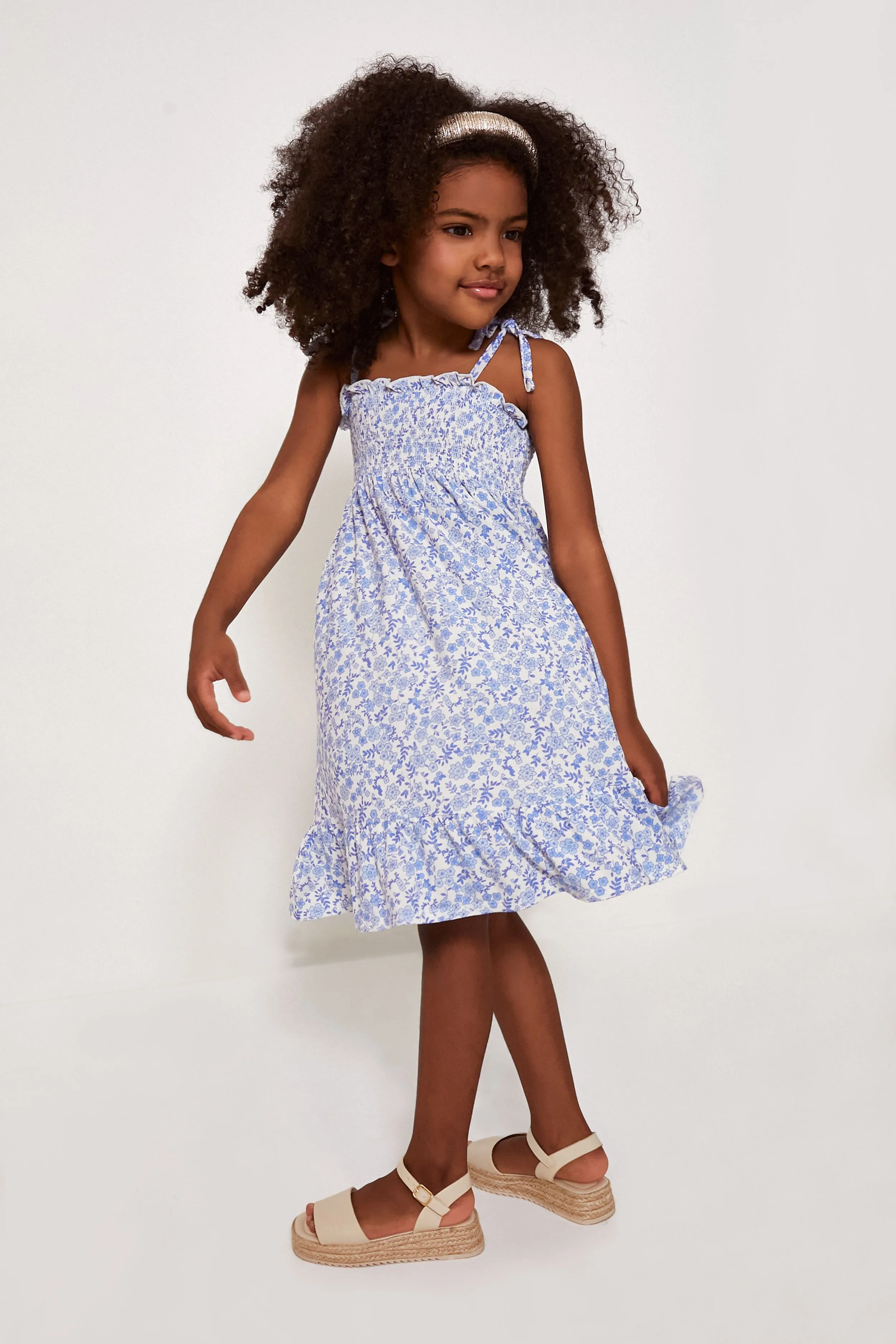 Blue Calico Floral Tie Strap Smocked Sundress