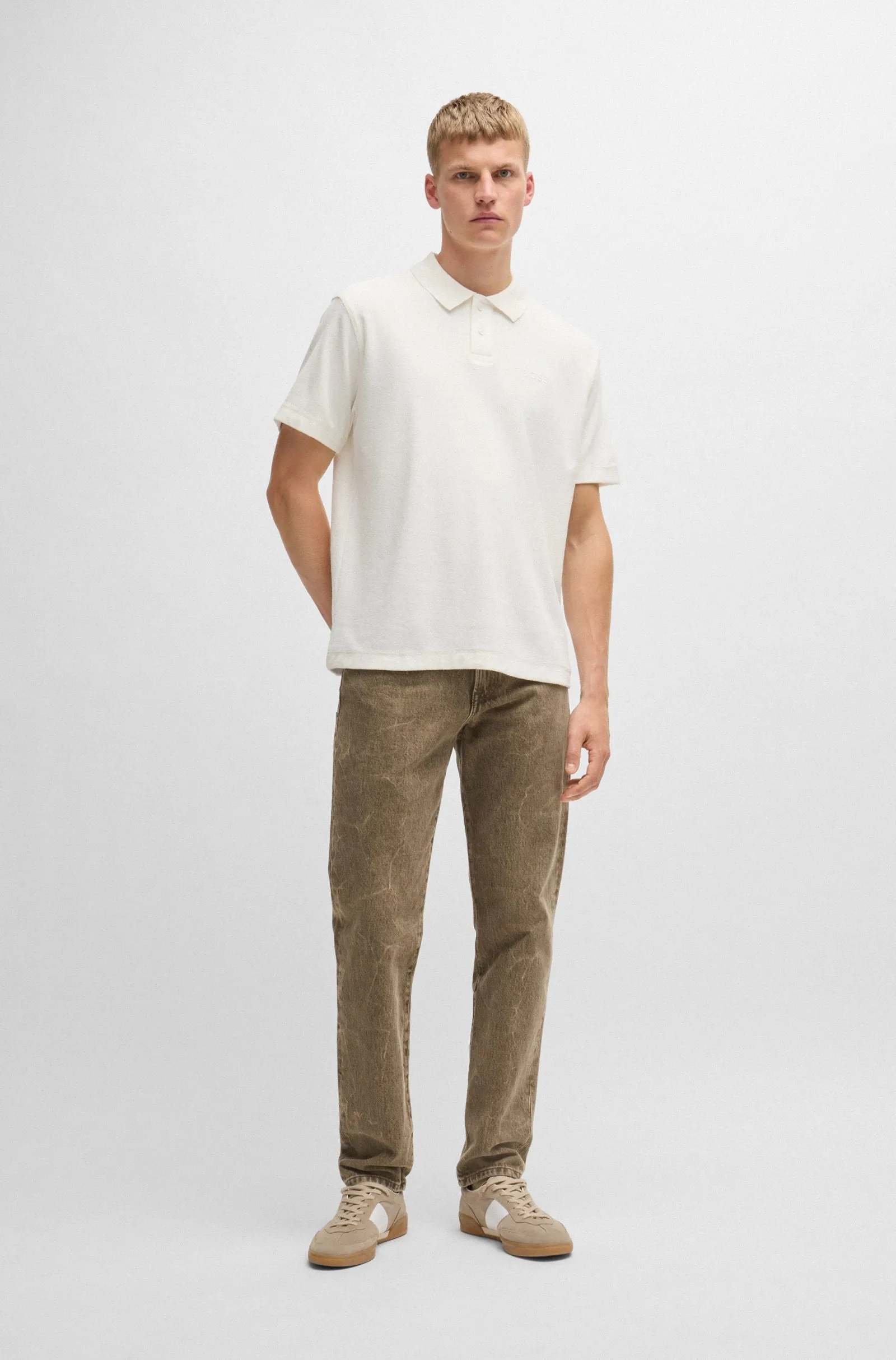 Boss Cotton-toweling polo shirt with mixed-technique logo - Men