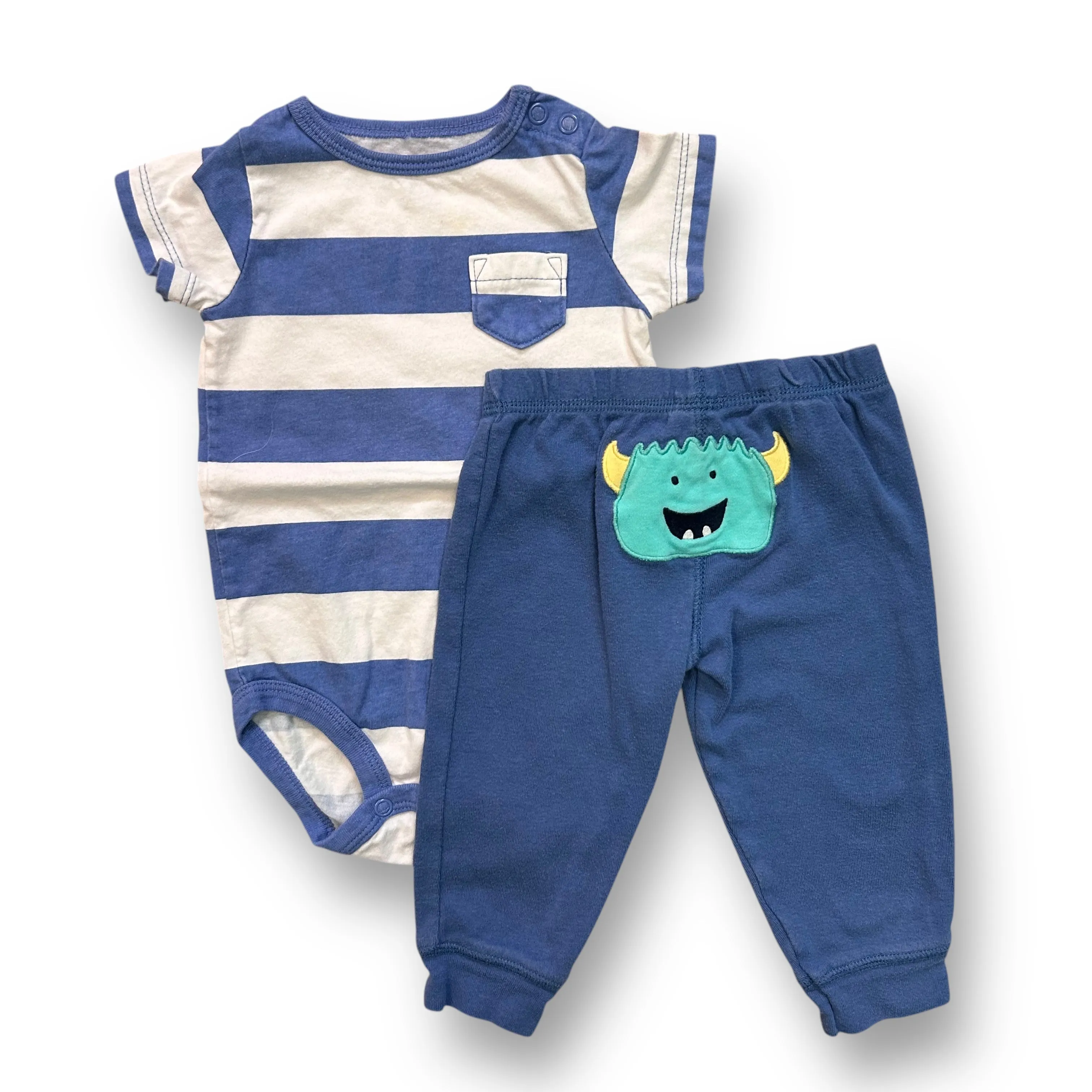 Boys Carter's Size 9 Months Blue & White Snap Bottom Monster Outfit