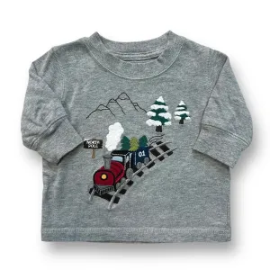 Boys Gymboree Size 3-6 Months Gray Embroidered Christmas Train Shirt