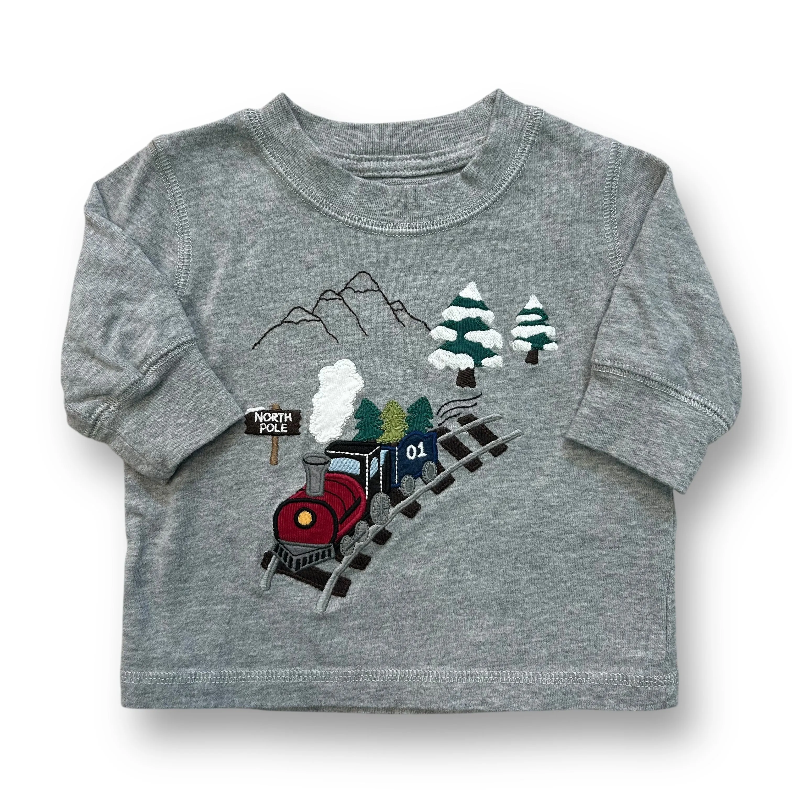 Boys Gymboree Size 3-6 Months Gray Embroidered Christmas Train Shirt