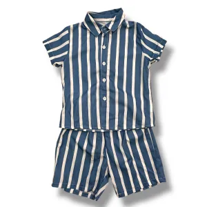 Boys Size 3/3T Blue & White Striped Silky Collared Shirt & Shorts Set