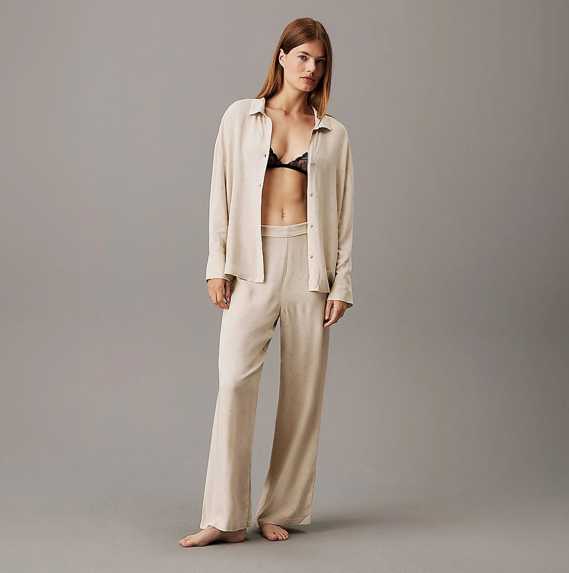Calvin Klein WOVEN VISCOSE Womens Button Down Pants Diamond Logo/Cocoon
