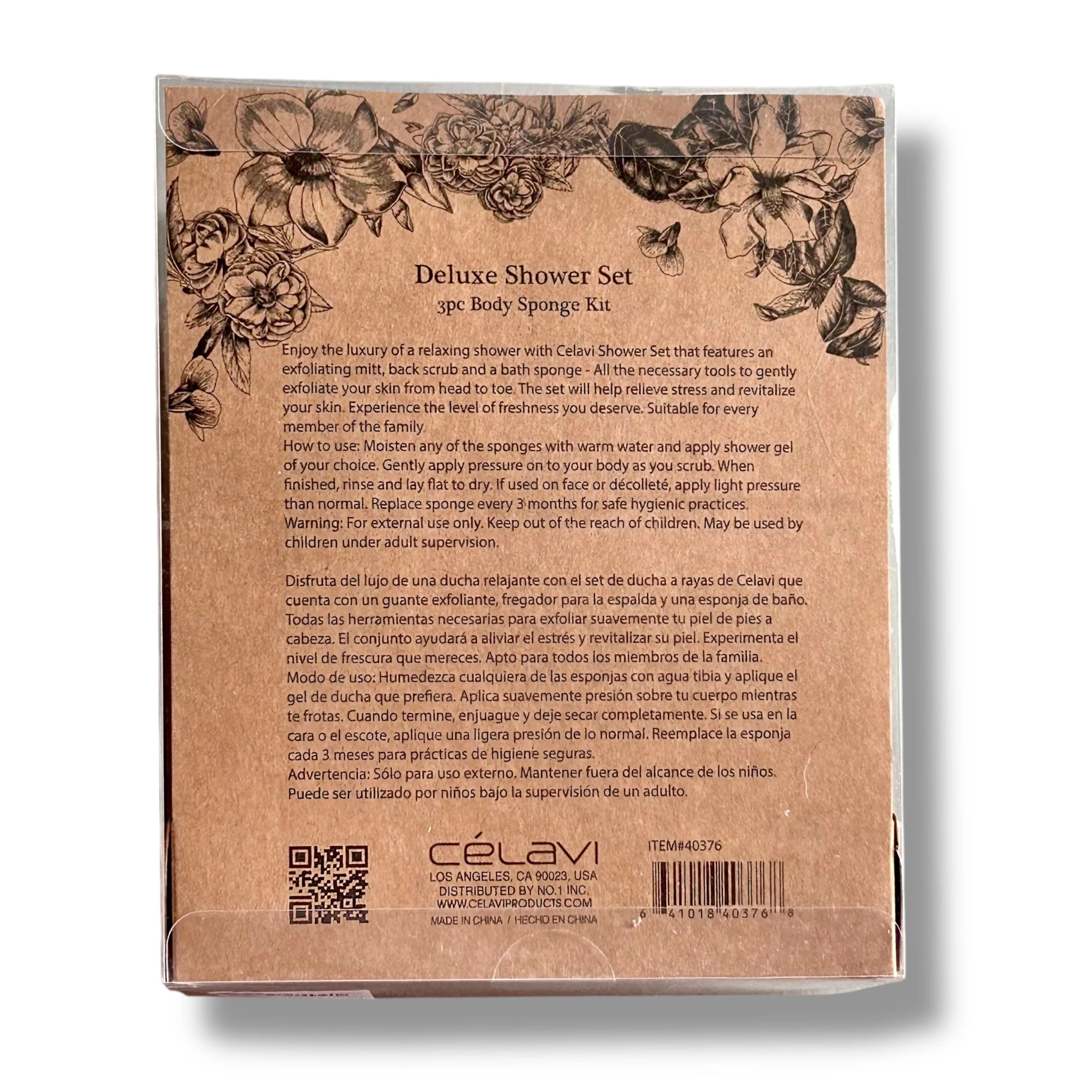 Celavi Deluxe Shower 3Pc Gift Set: Body Sponge, Back Scrub, and Exfoliating Mitt