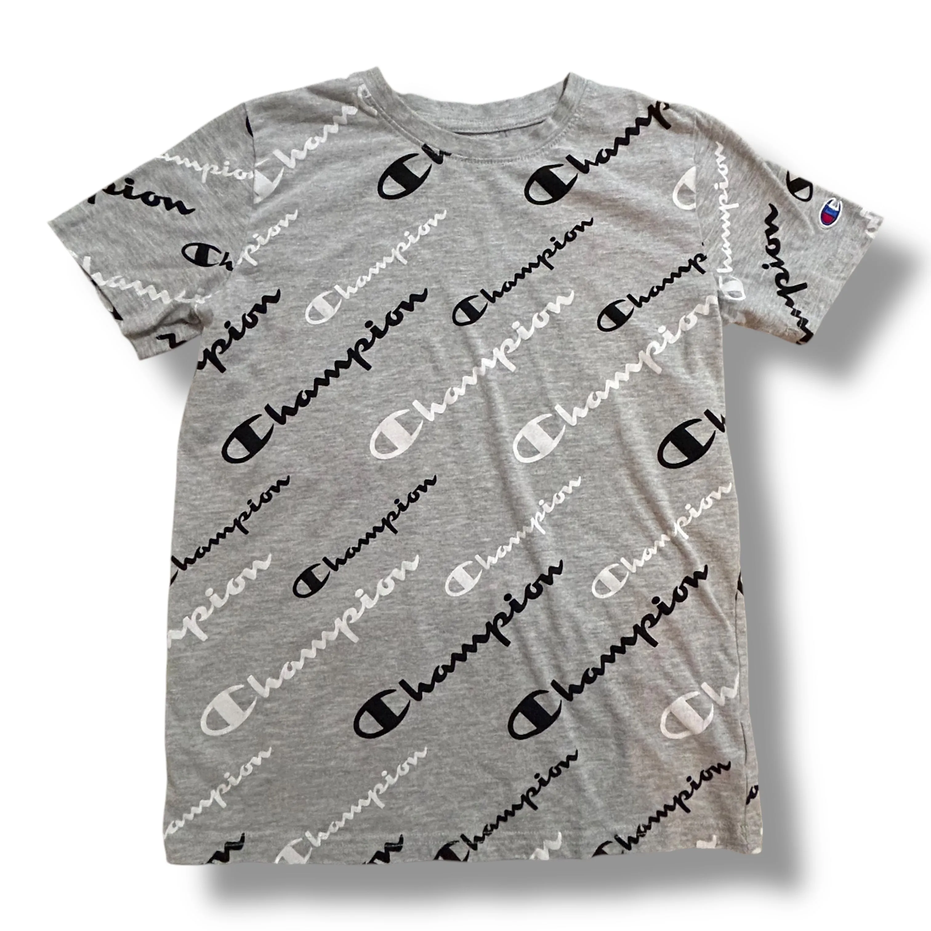 Champion Boys Size 10/12 Youth Gray Logo Print Short Sleeve Tee