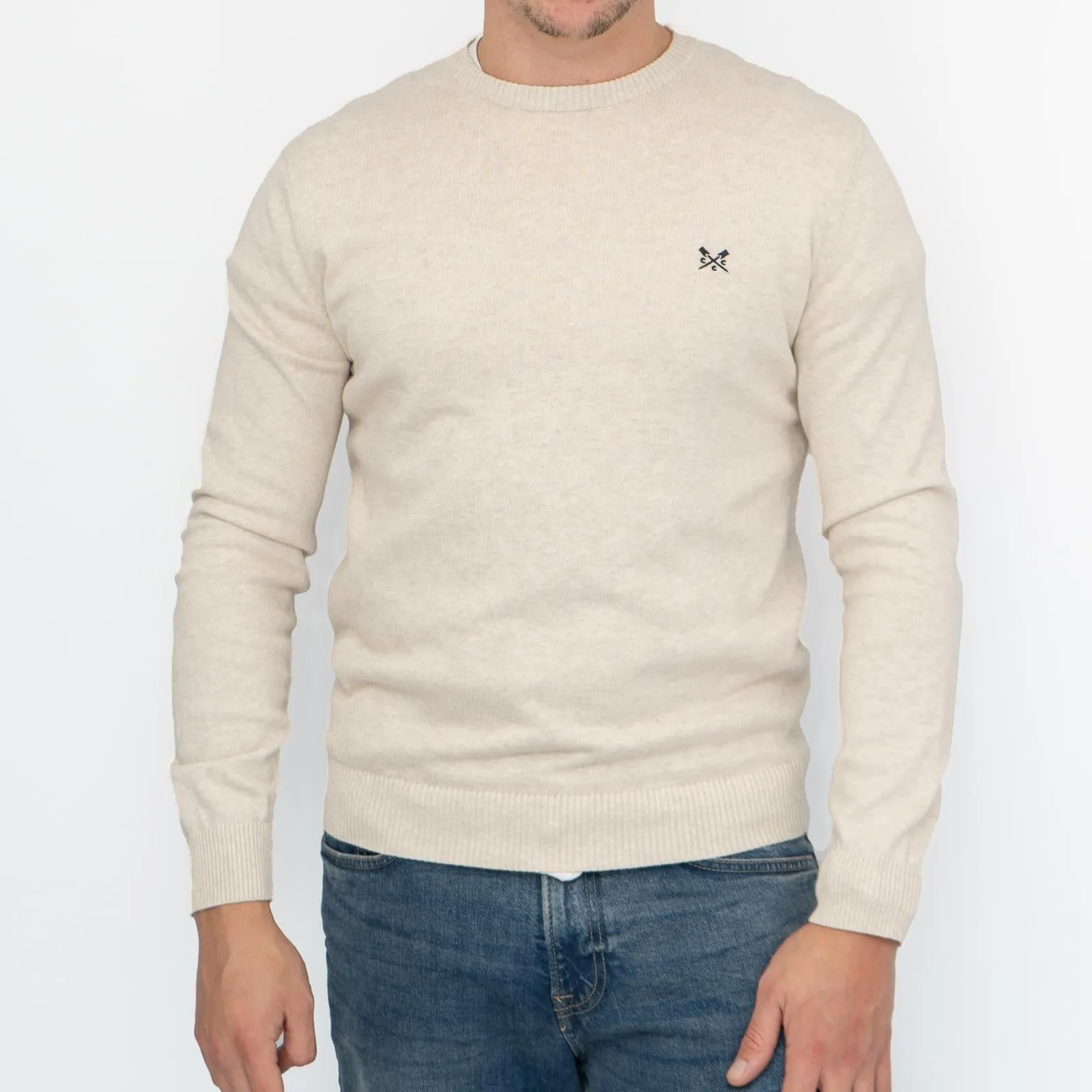 Crew Clothing Mens Knitted Jumper Long Sleeve Beige