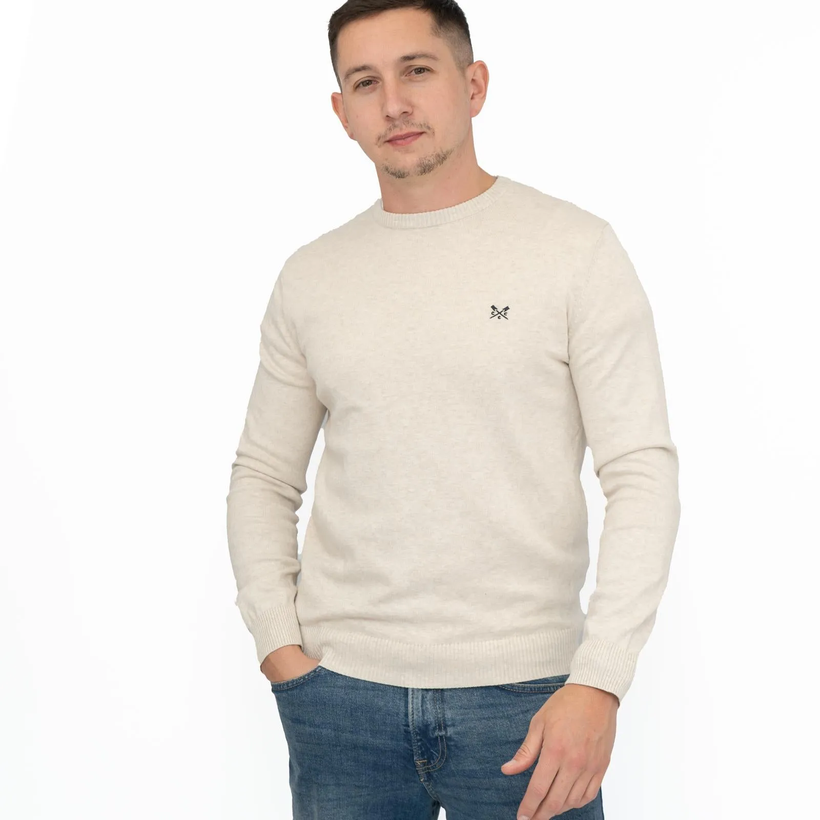 Crew Clothing Mens Knitted Jumper Long Sleeve Beige