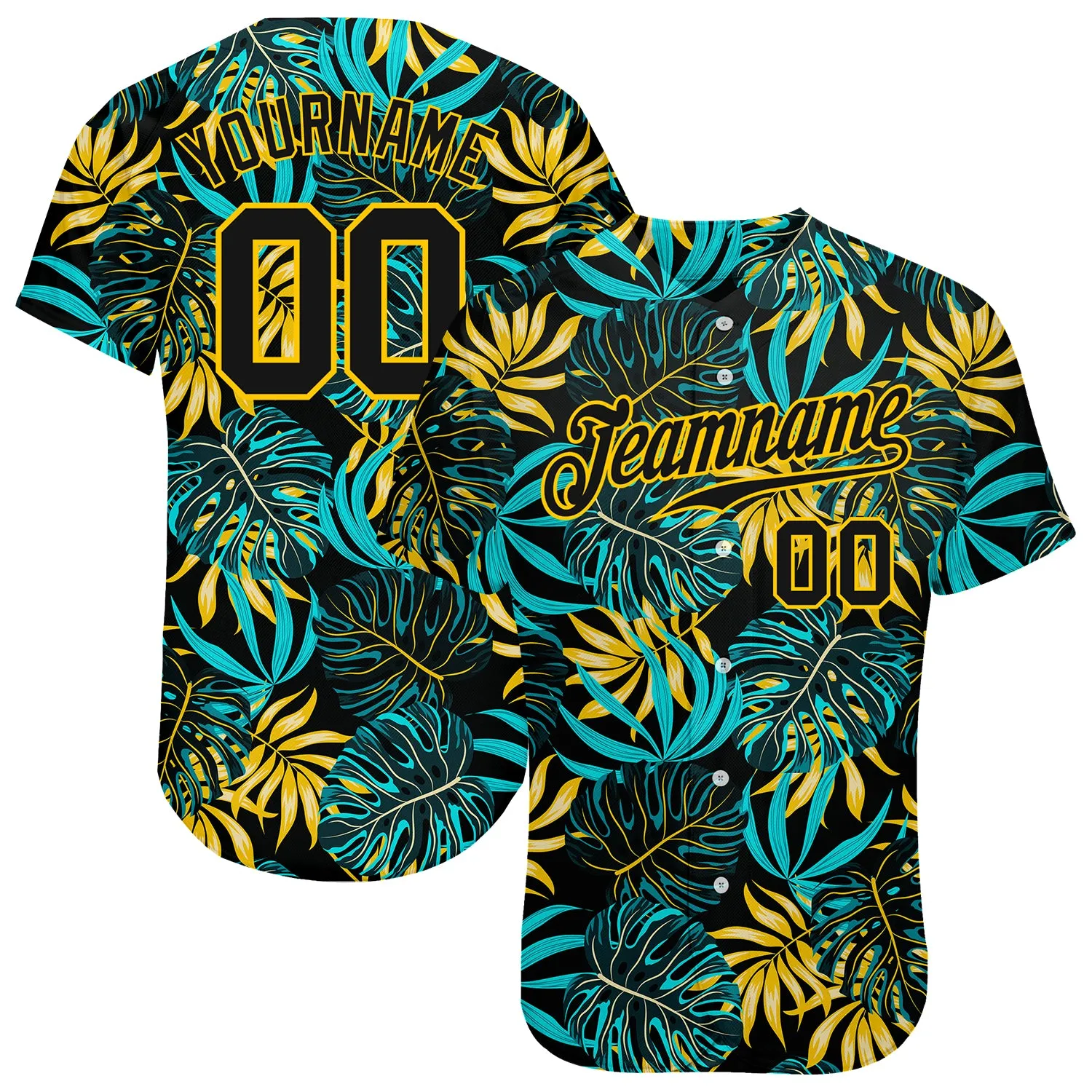 Custom Black Black-Gold 3D Pattern Design Tropical Palm Leaves Authentic Baseball Jersey FansIdea