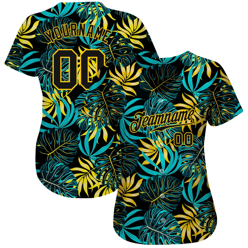 Custom Black Black-Gold 3D Pattern Design Tropical Palm Leaves Authentic Baseball Jersey FansIdea