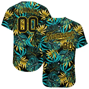 Custom Black Black-Gold 3D Pattern Design Tropical Palm Leaves Authentic Baseball Jersey FansIdea