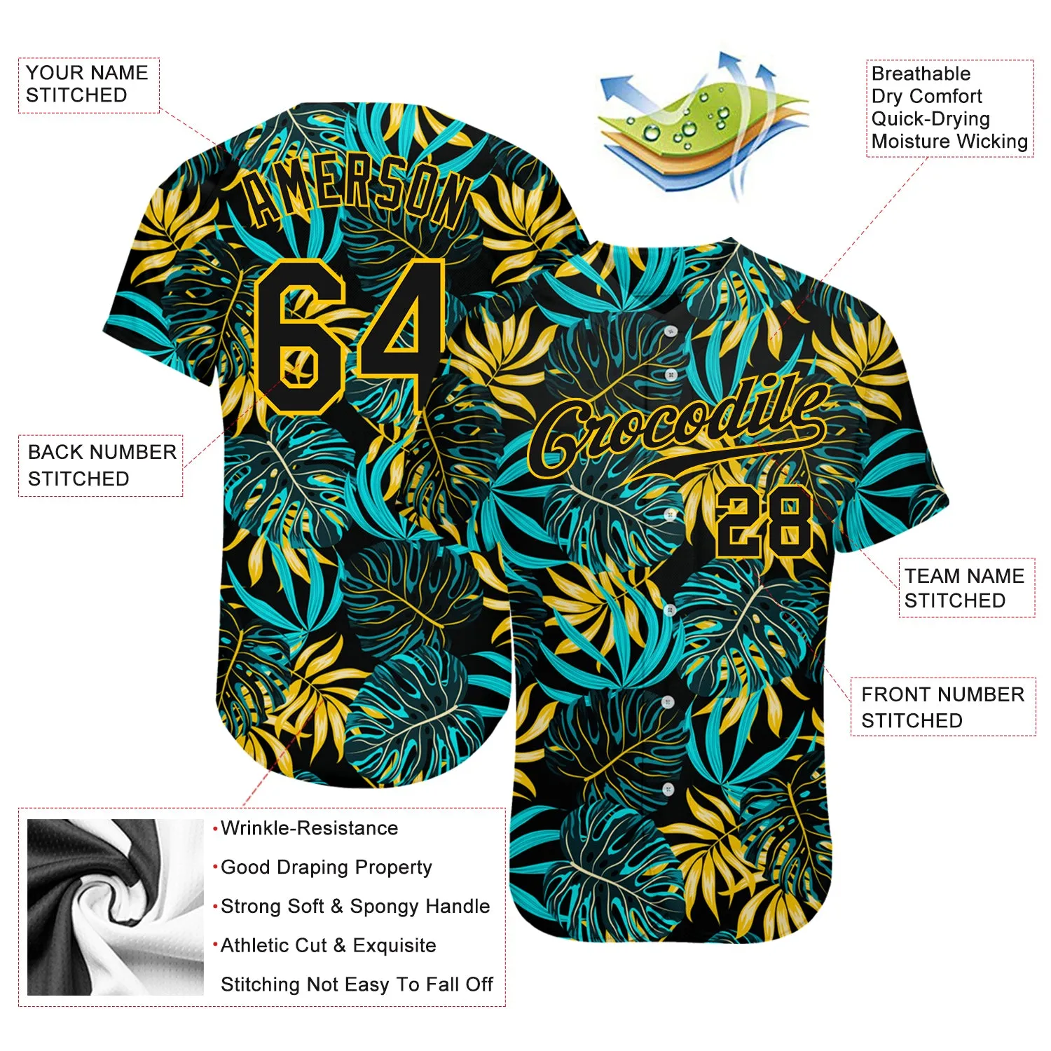 Custom Black Black-Gold 3D Pattern Design Tropical Palm Leaves Authentic Baseball Jersey FansIdea