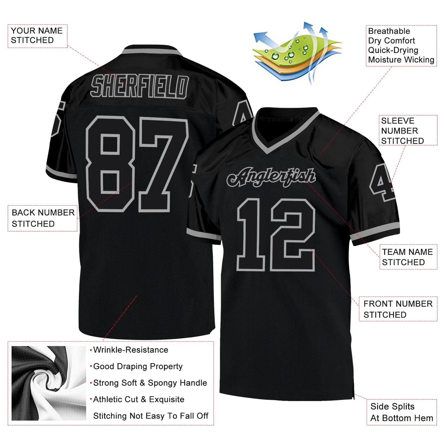 Custom Black Black-Gray Mesh Authentic Throwback Football Jersey FansIdea