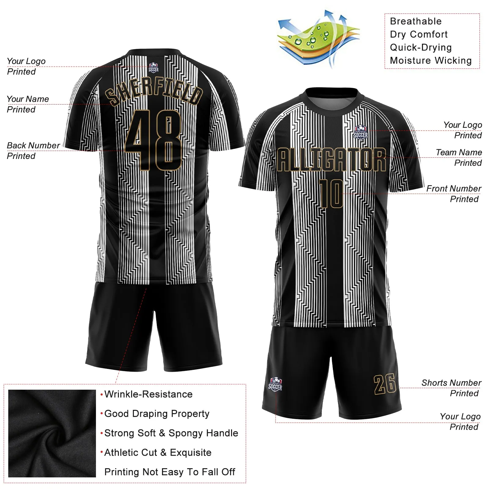 Custom Black Black-Old Gold Sublimation Soccer Uniform Jersey FansIdea