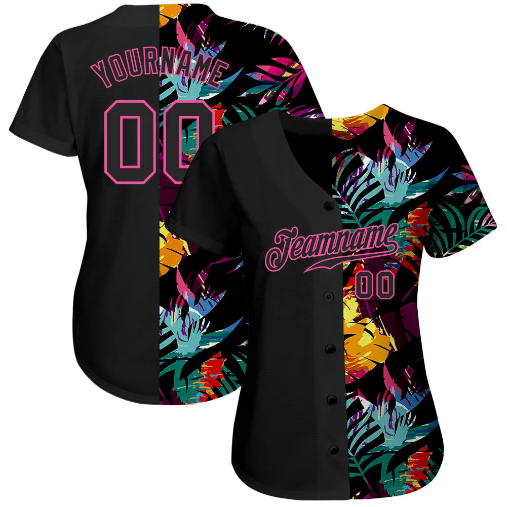 Custom Black Black-Pink 3D Pattern Design Tropical Palm Leaves Authentic Baseball Jersey FansIdea