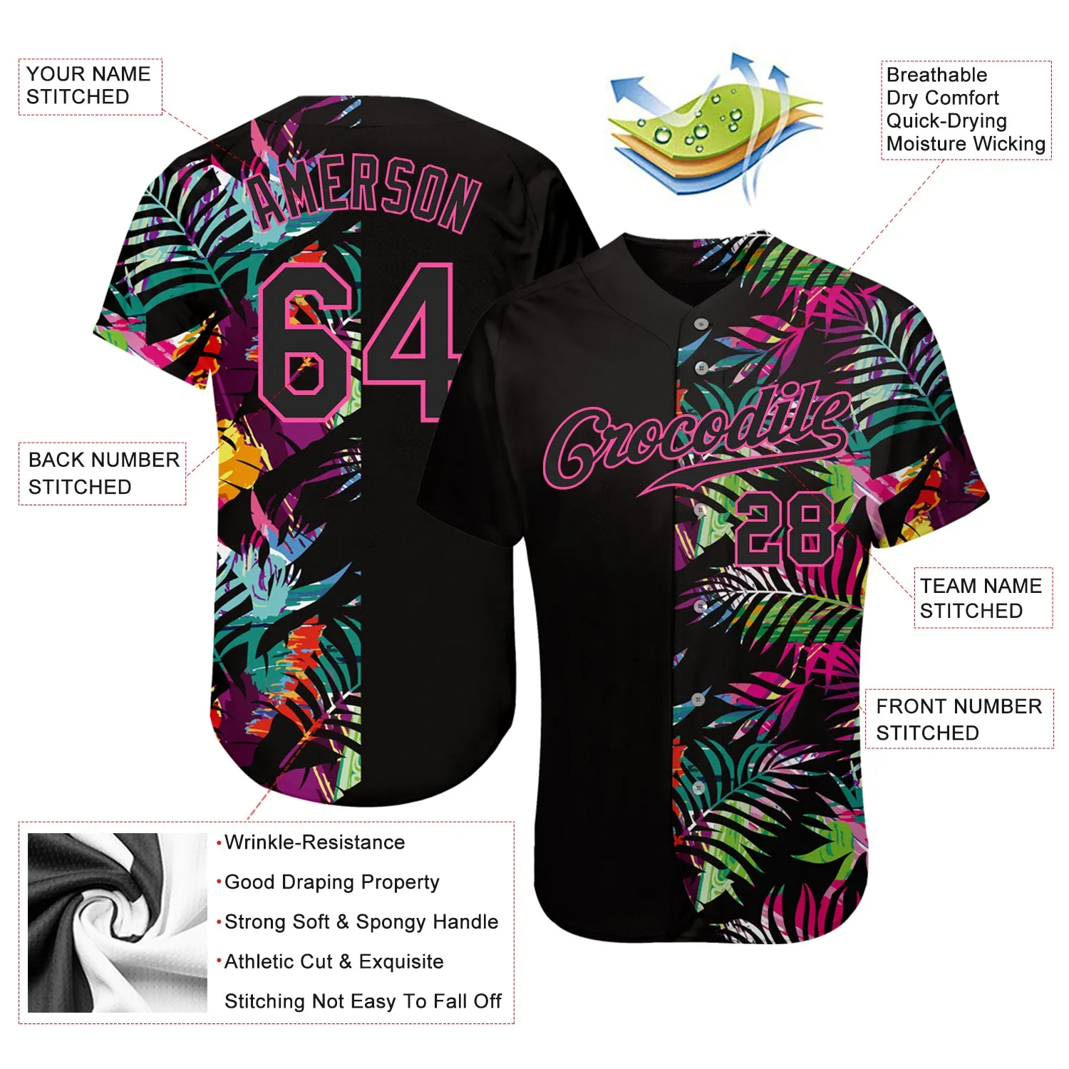 Custom Black Black-Pink 3D Pattern Design Tropical Palm Leaves Authentic Baseball Jersey FansIdea