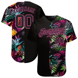Custom Black Black-Pink 3D Pattern Design Tropical Palm Leaves Authentic Baseball Jersey FansIdea