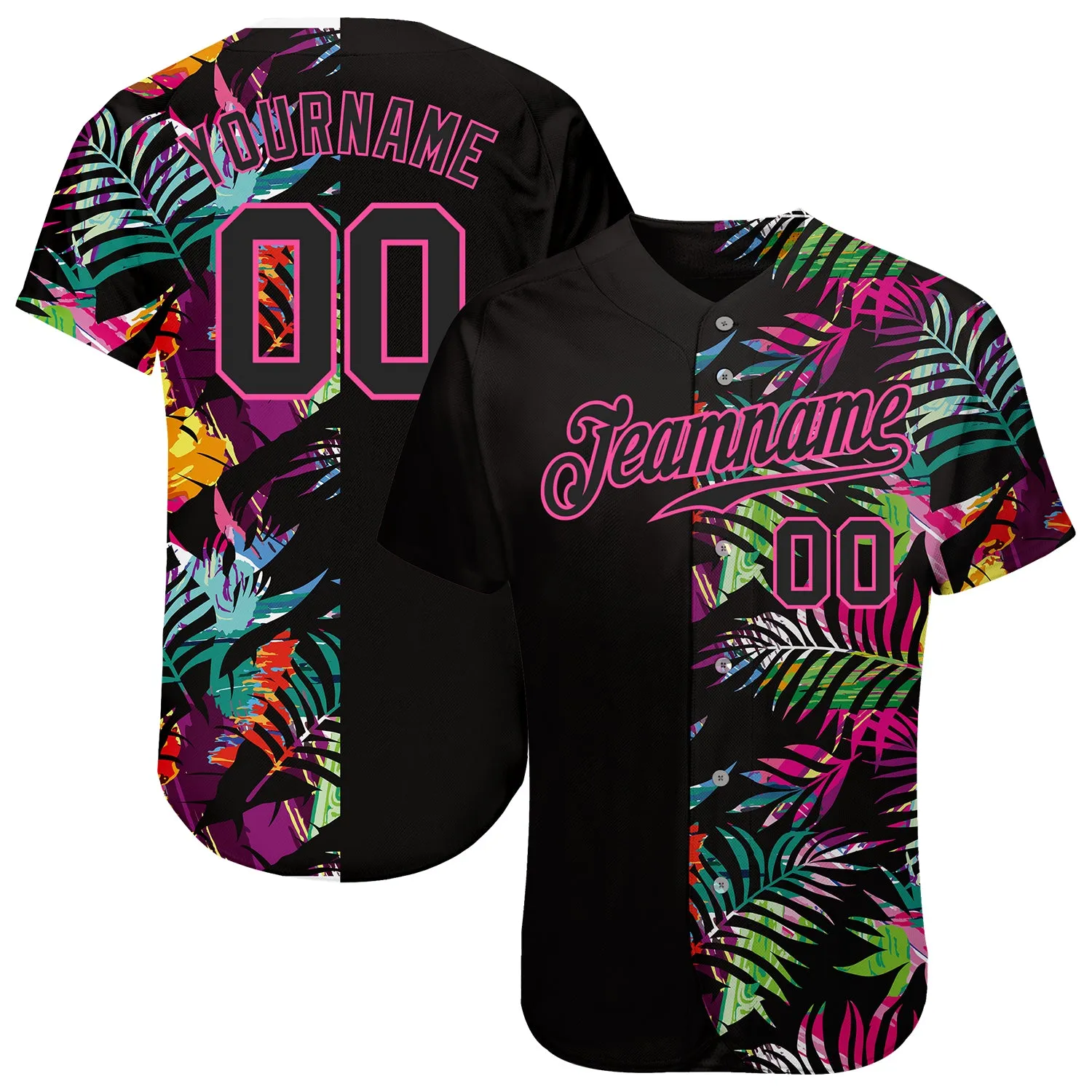 Custom Black Black-Pink 3D Pattern Design Tropical Palm Leaves Authentic Baseball Jersey FansIdea