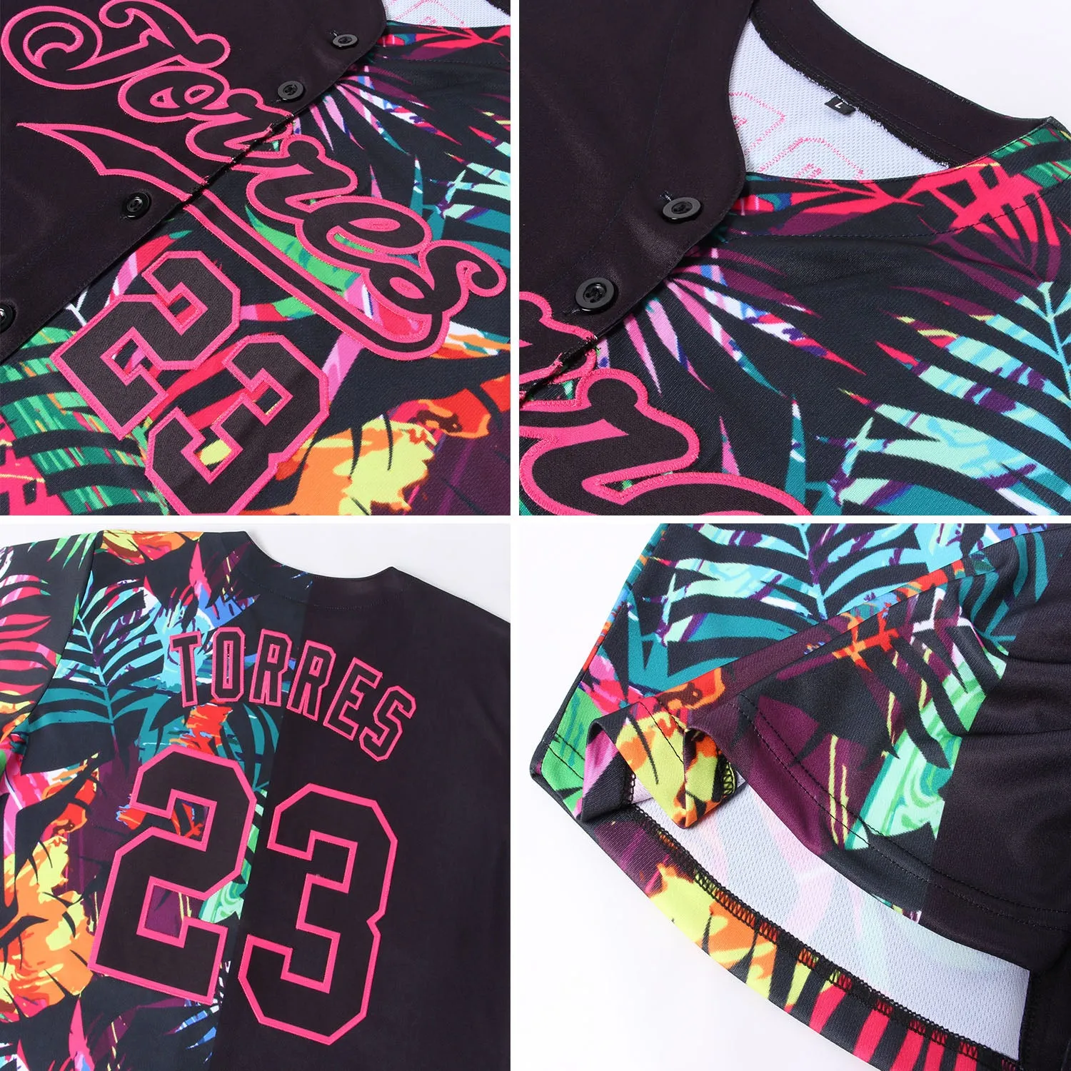 Custom Black Black-Pink 3D Pattern Design Tropical Palm Leaves Authentic Baseball Jersey FansIdea