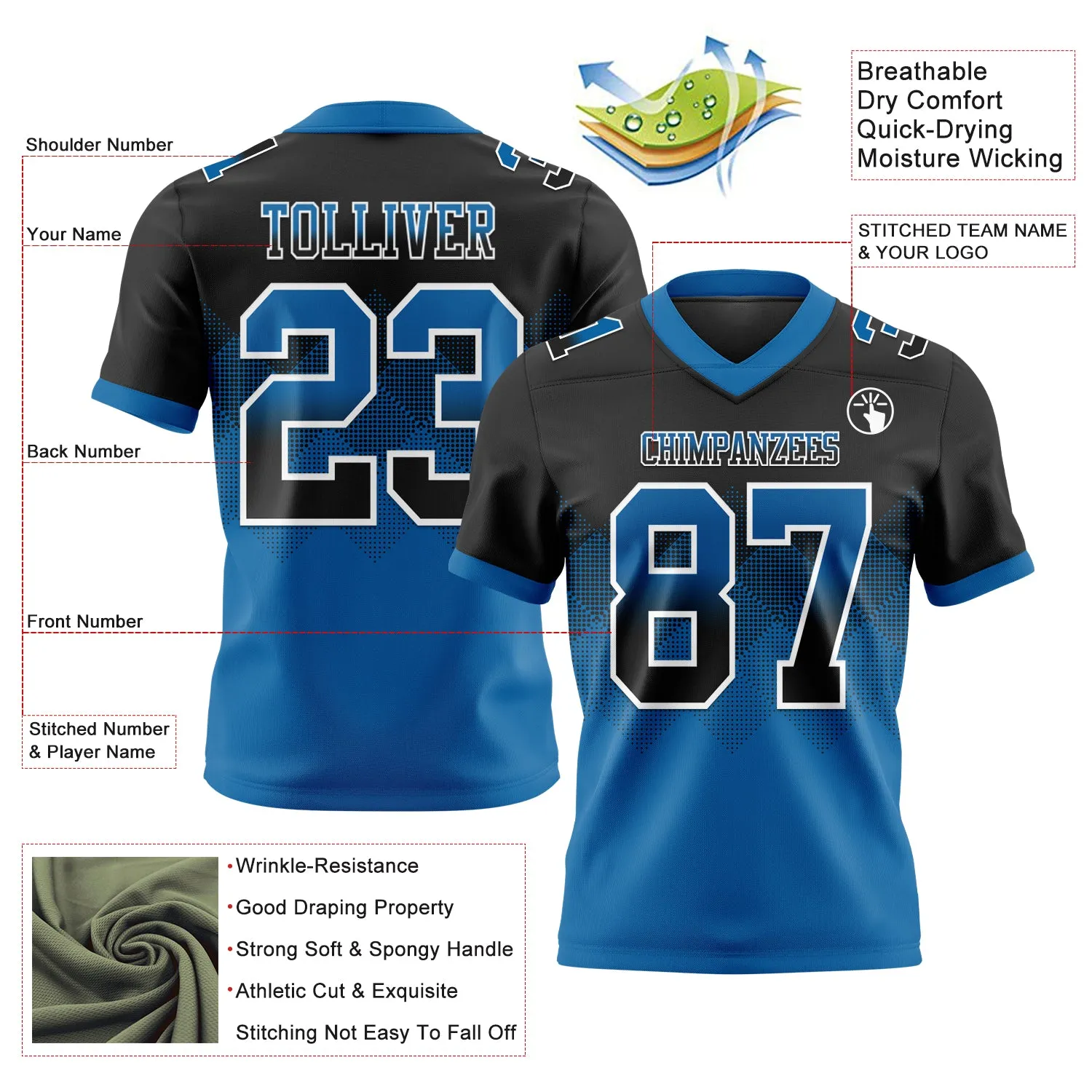 Custom Black Blue-White Mesh Authentic Gradient Square Shape Flag Football Jersey
