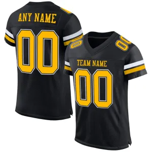 Custom Black Gold-White Mesh Authentic Football Jersey FansIdea