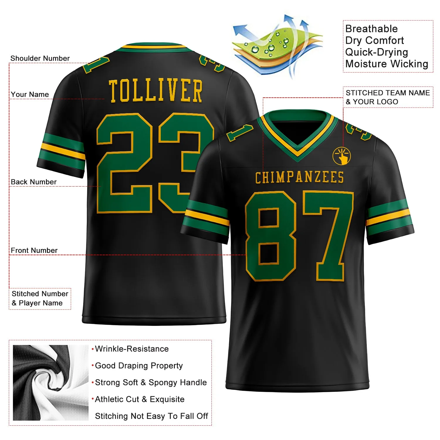 Custom Black Kelly Green-Gold Mesh Authentic Football Jersey FansIdea