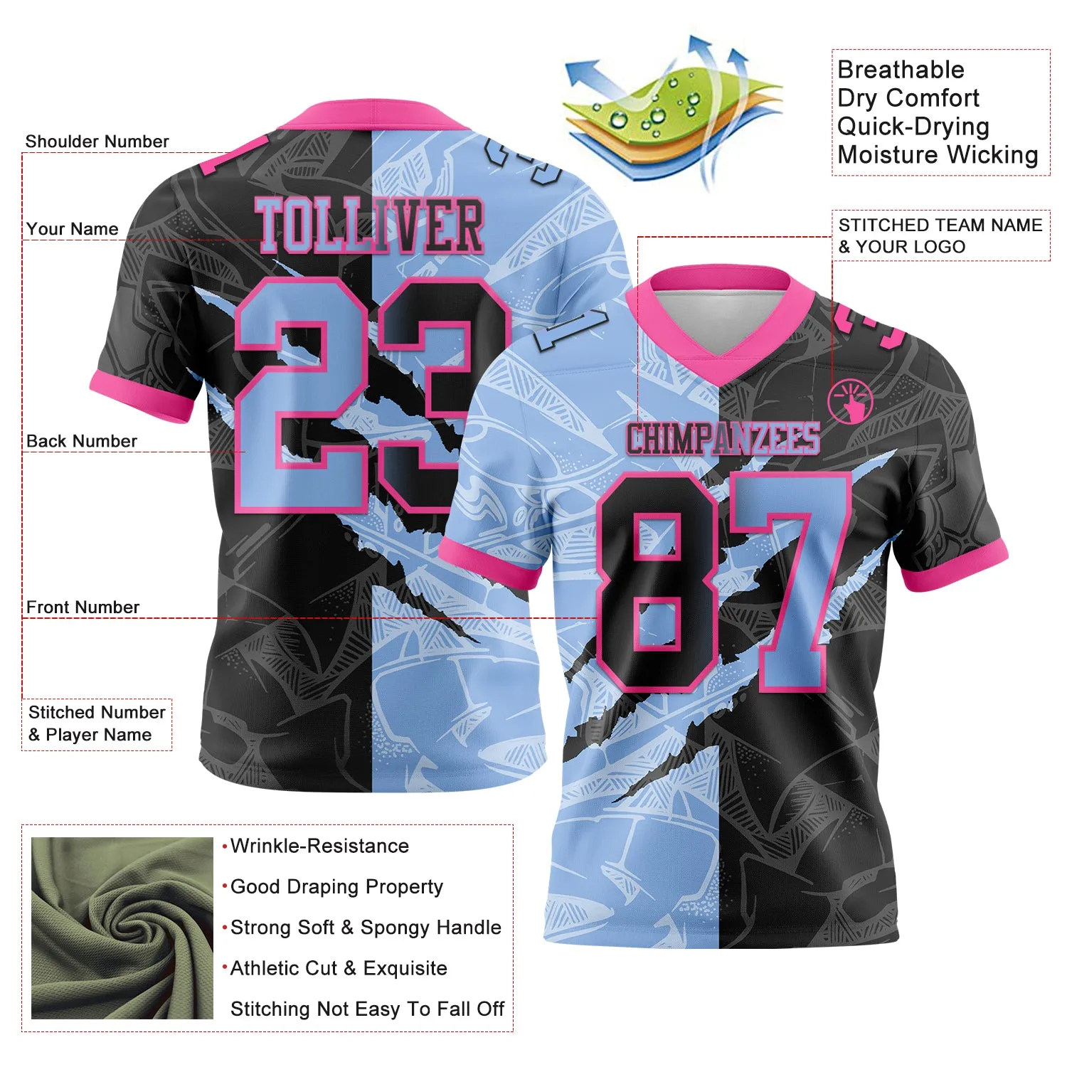 Custom Black Light Blue-Pink Mesh Authentic Gradient Fashion Scratch Football Jersey