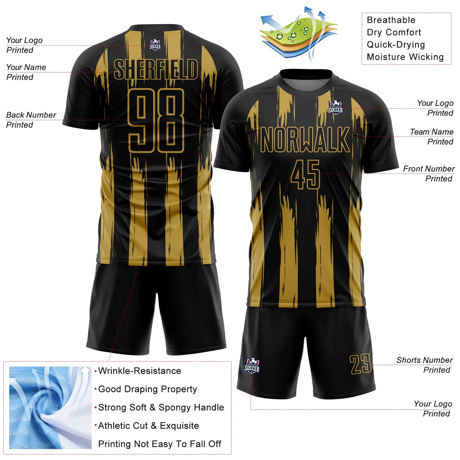 Custom Black Old Gold Abstract Stripes Sublimation Soccer Uniform Jersey FansIdea