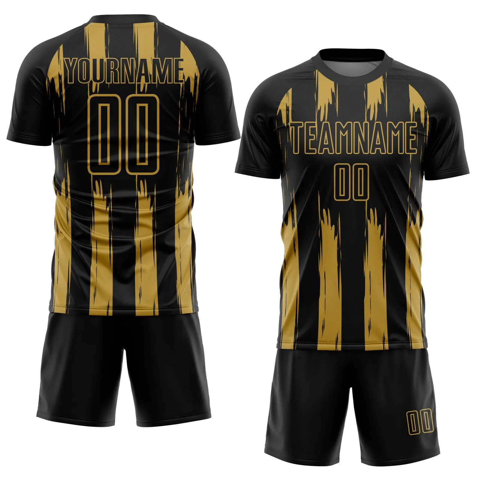 Custom Black Old Gold Abstract Stripes Sublimation Soccer Uniform Jersey FansIdea