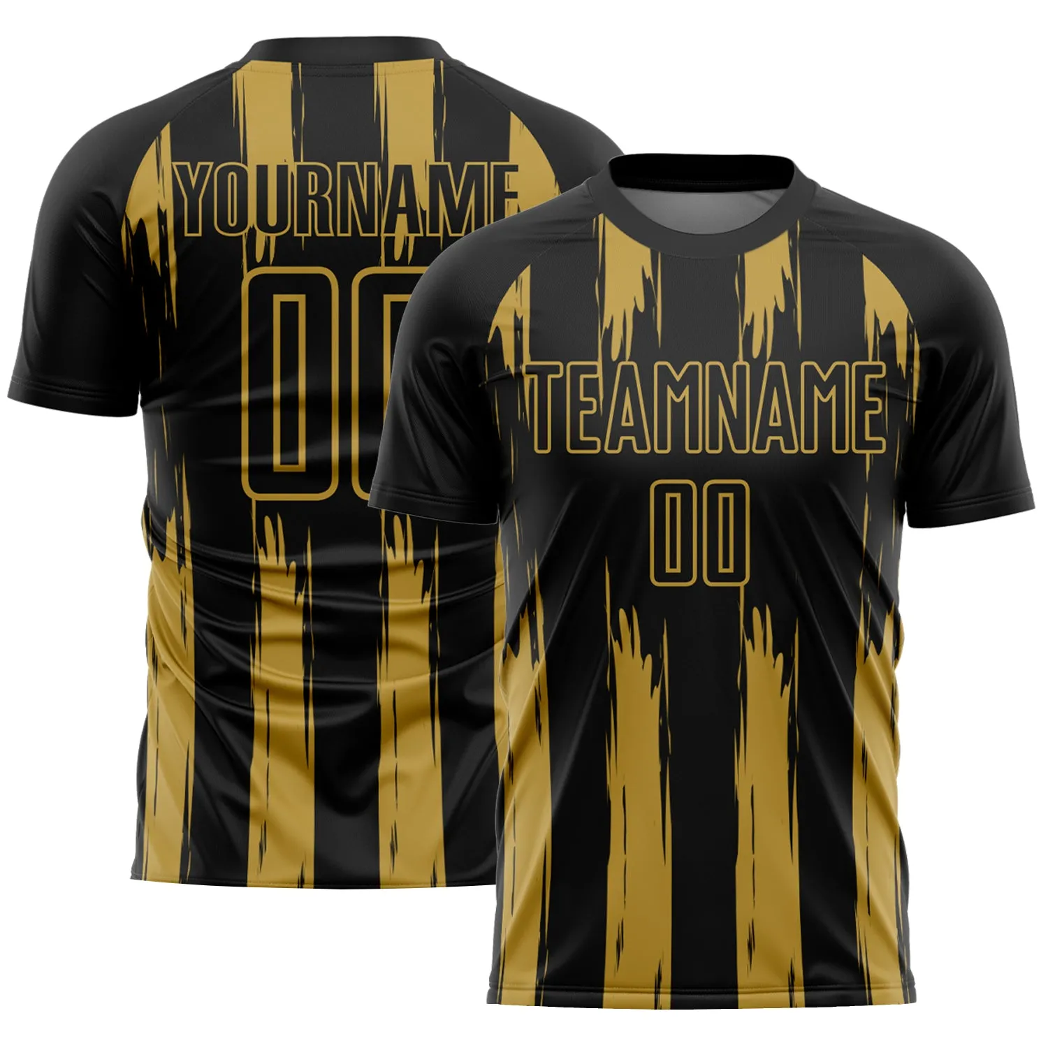 Custom Black Old Gold Abstract Stripes Sublimation Soccer Uniform Jersey FansIdea