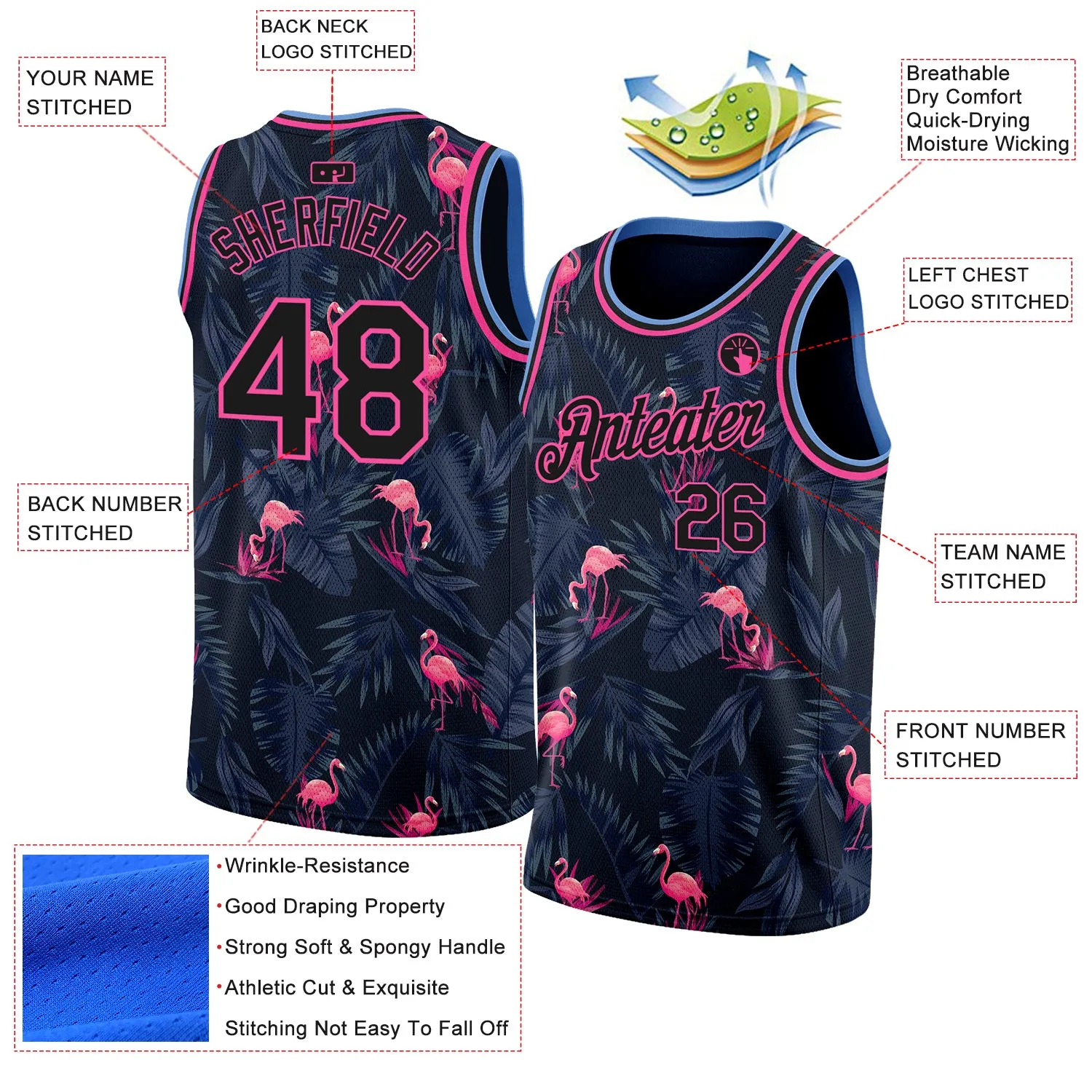 Custom Black Pink-Light Blue 3D Pattern Design Flamingo Authentic Basketball Jersey FansIdea