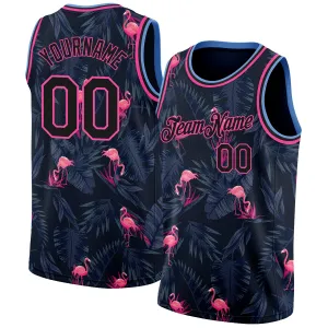 Custom Black Pink-Light Blue 3D Pattern Design Flamingo Authentic Basketball Jersey FansIdea