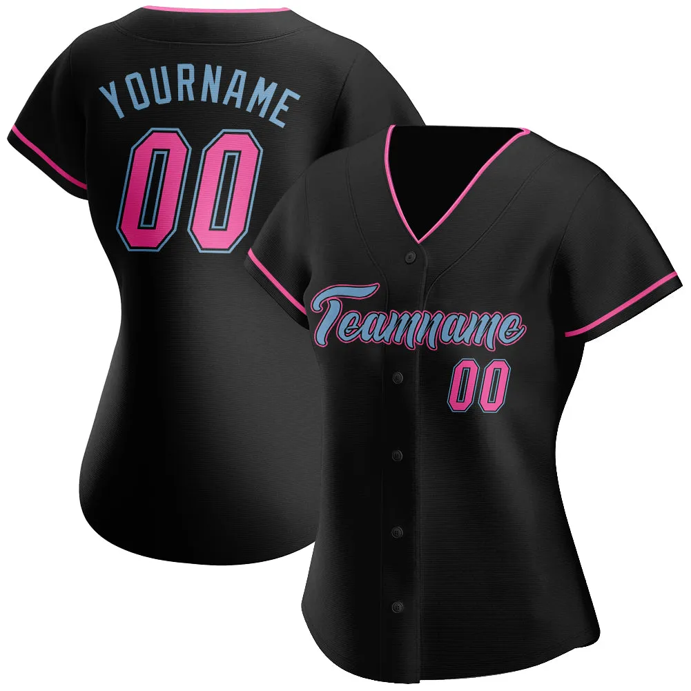 Custom Black Pink-Light Blue Authentic Baseball Jersey FansIdea