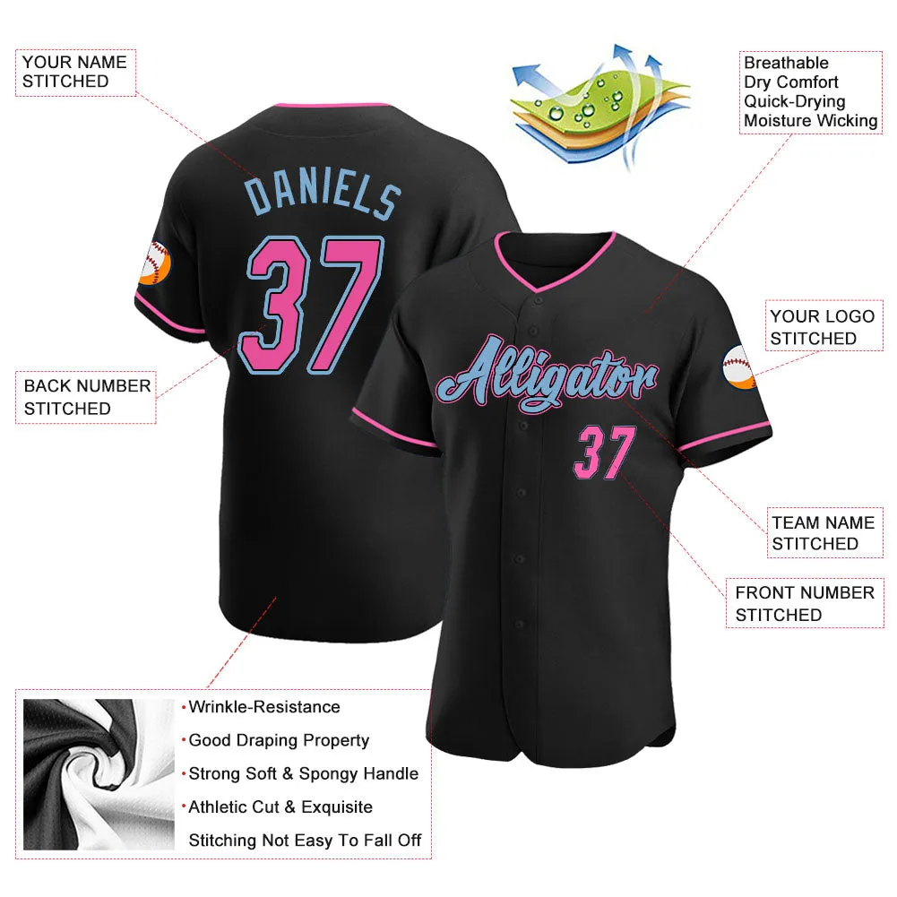 Custom Black Pink-Light Blue Authentic Baseball Jersey FansIdea