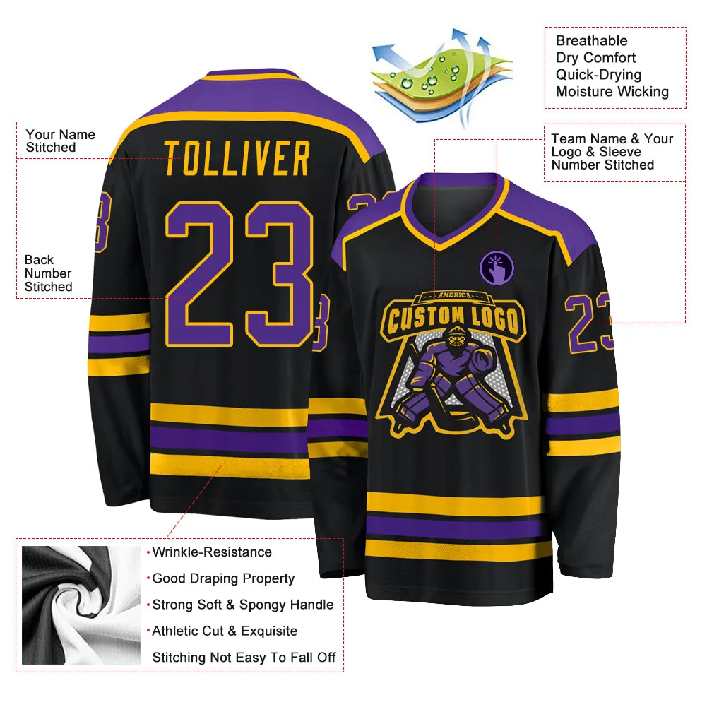 Custom Black Purple-Gold Hockey Jersey FansIdea