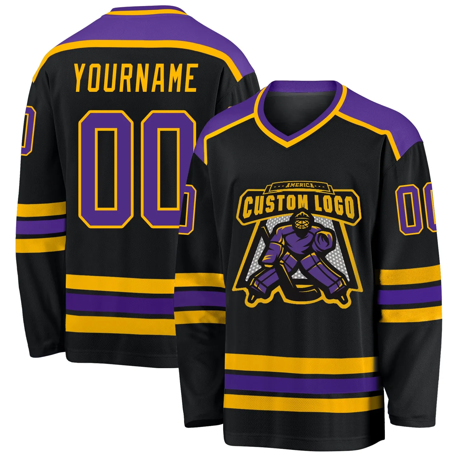 Custom Black Purple-Gold Hockey Jersey FansIdea