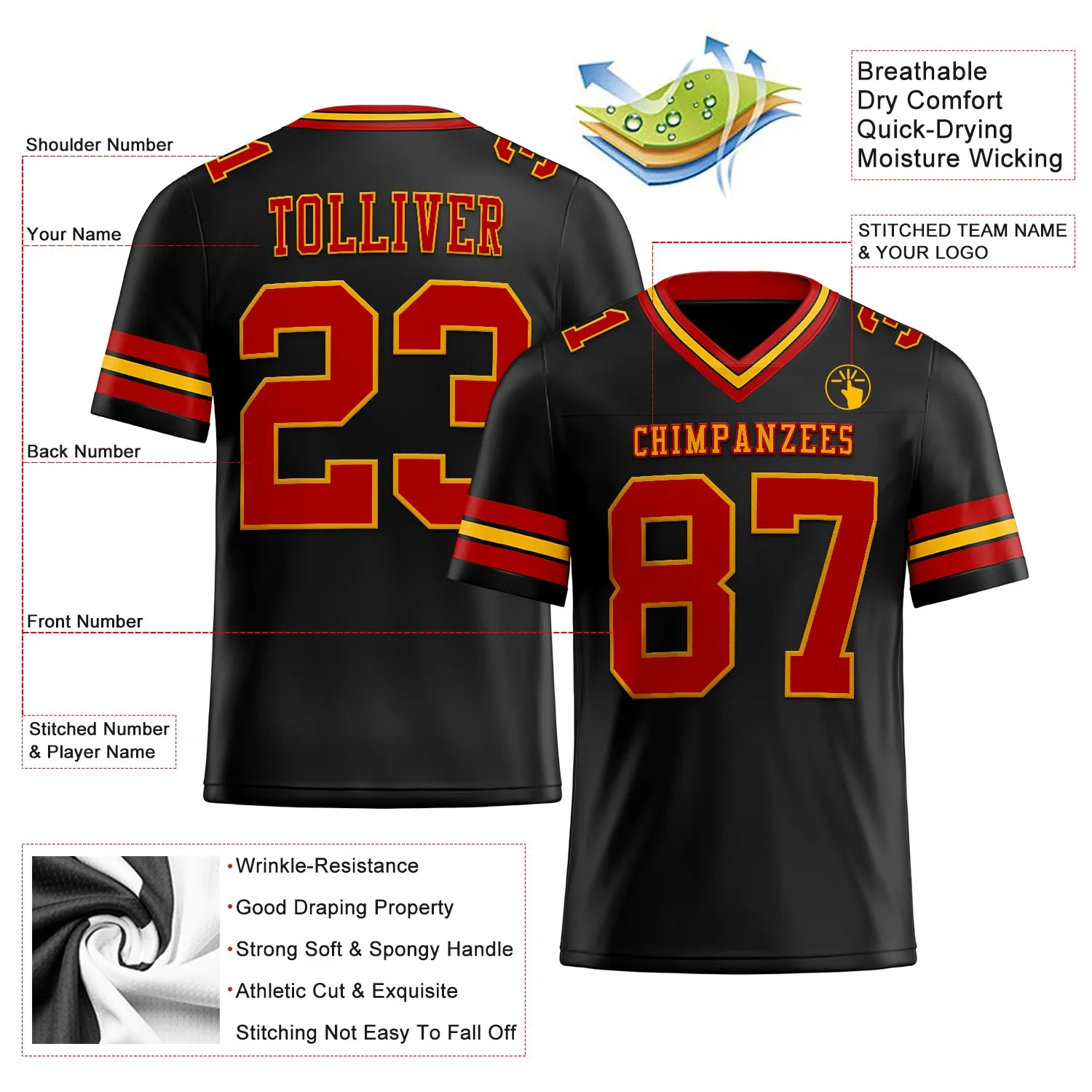 Custom Black Red-Gold Mesh Authentic Football Jersey FansIdea