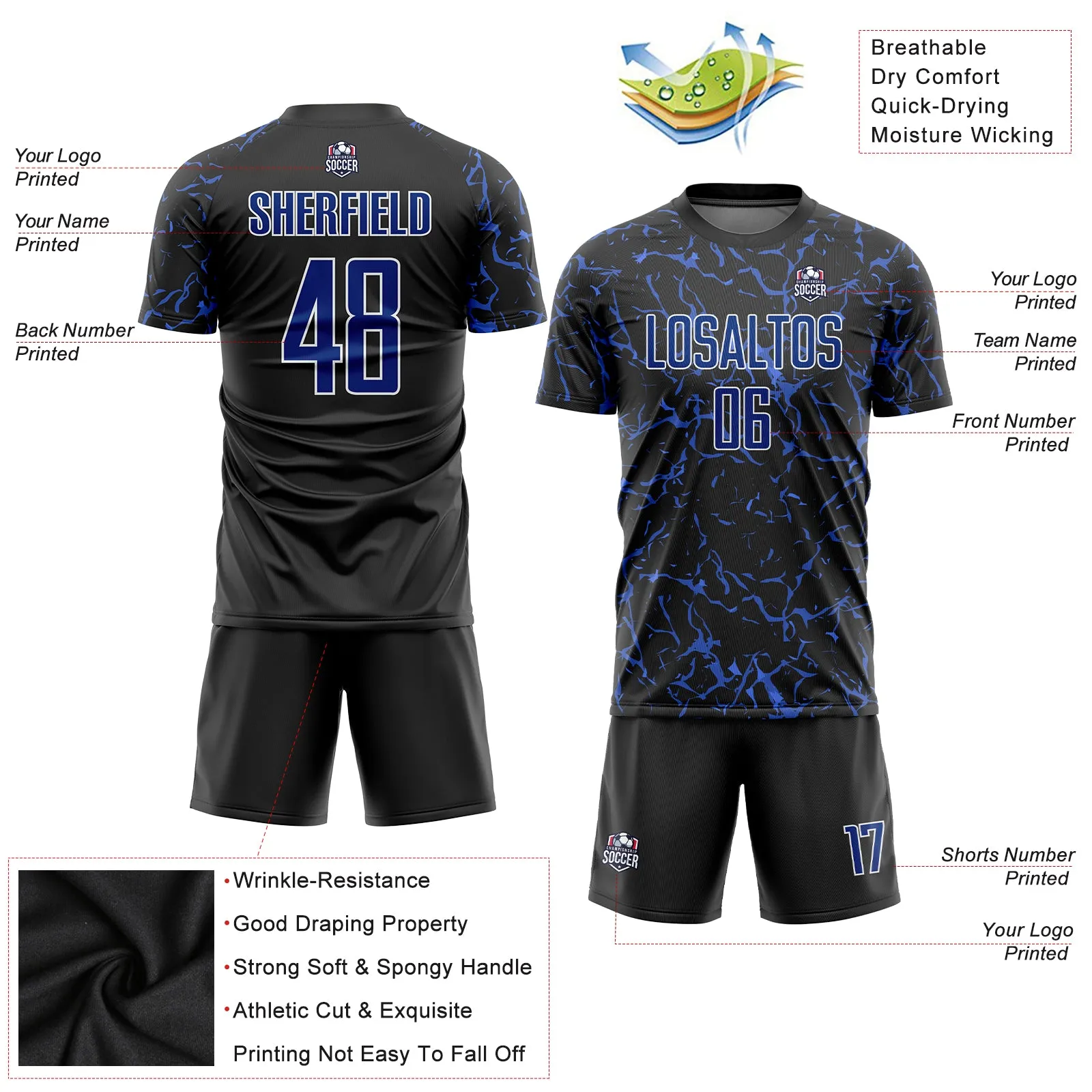Custom Black Royal-White Sublimation Soccer Uniform Jersey FansIdea