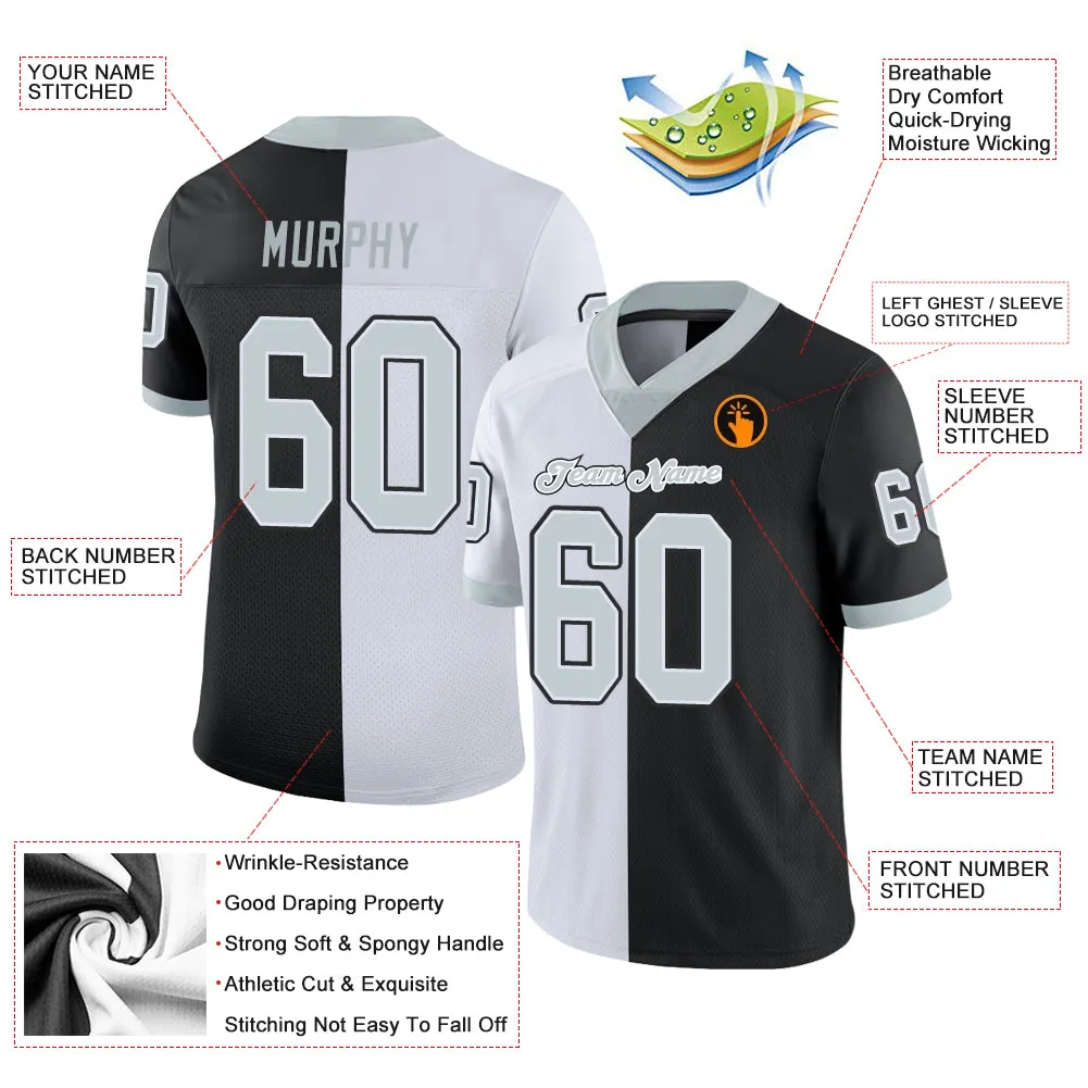 Custom Black Silver-White Mesh Split Fashion Football Jersey FansIdea