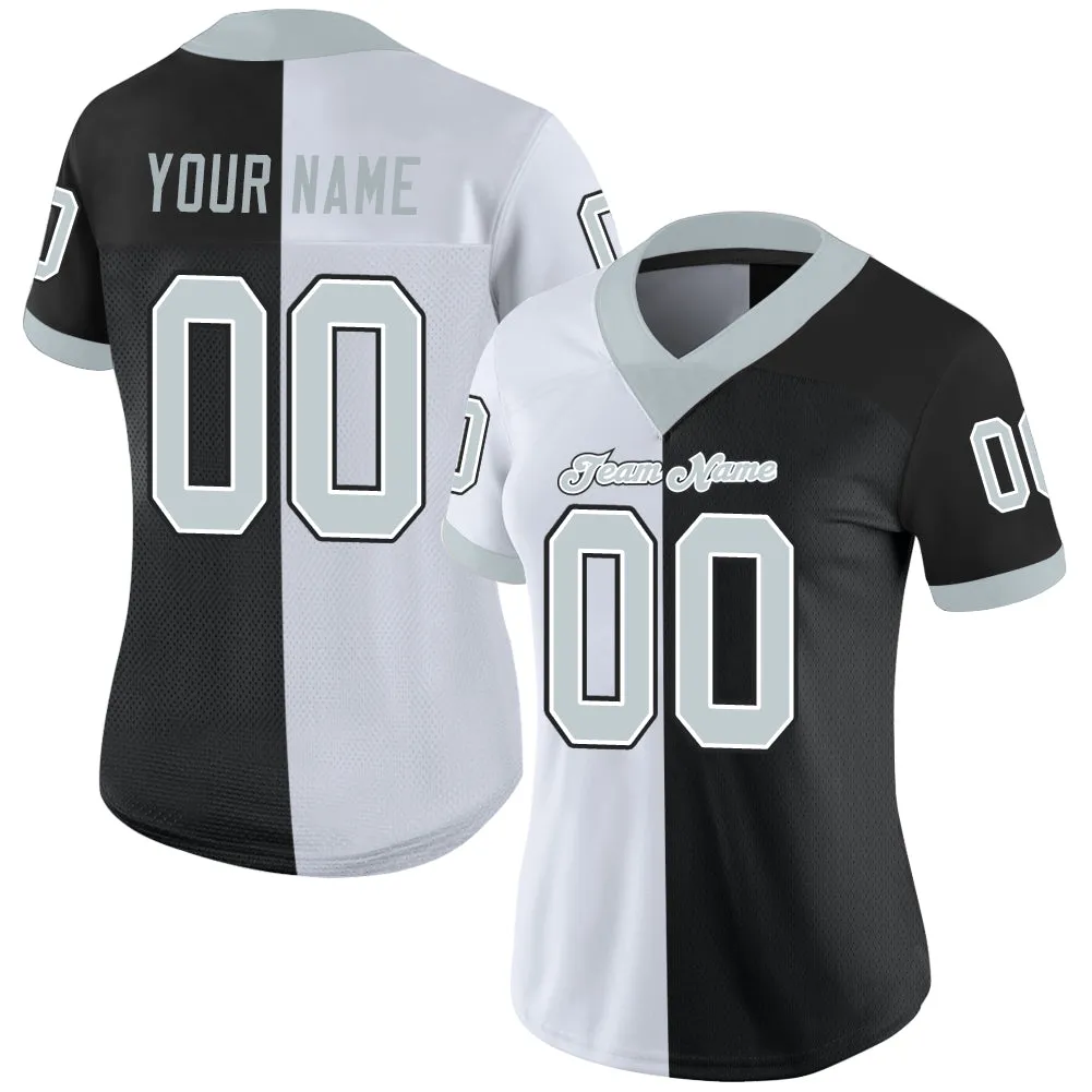 Custom Black Silver-White Mesh Split Fashion Football Jersey FansIdea