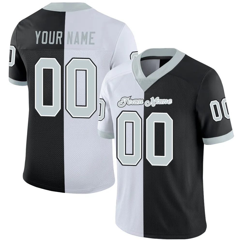 Custom Black Silver-White Mesh Split Fashion Football Jersey FansIdea