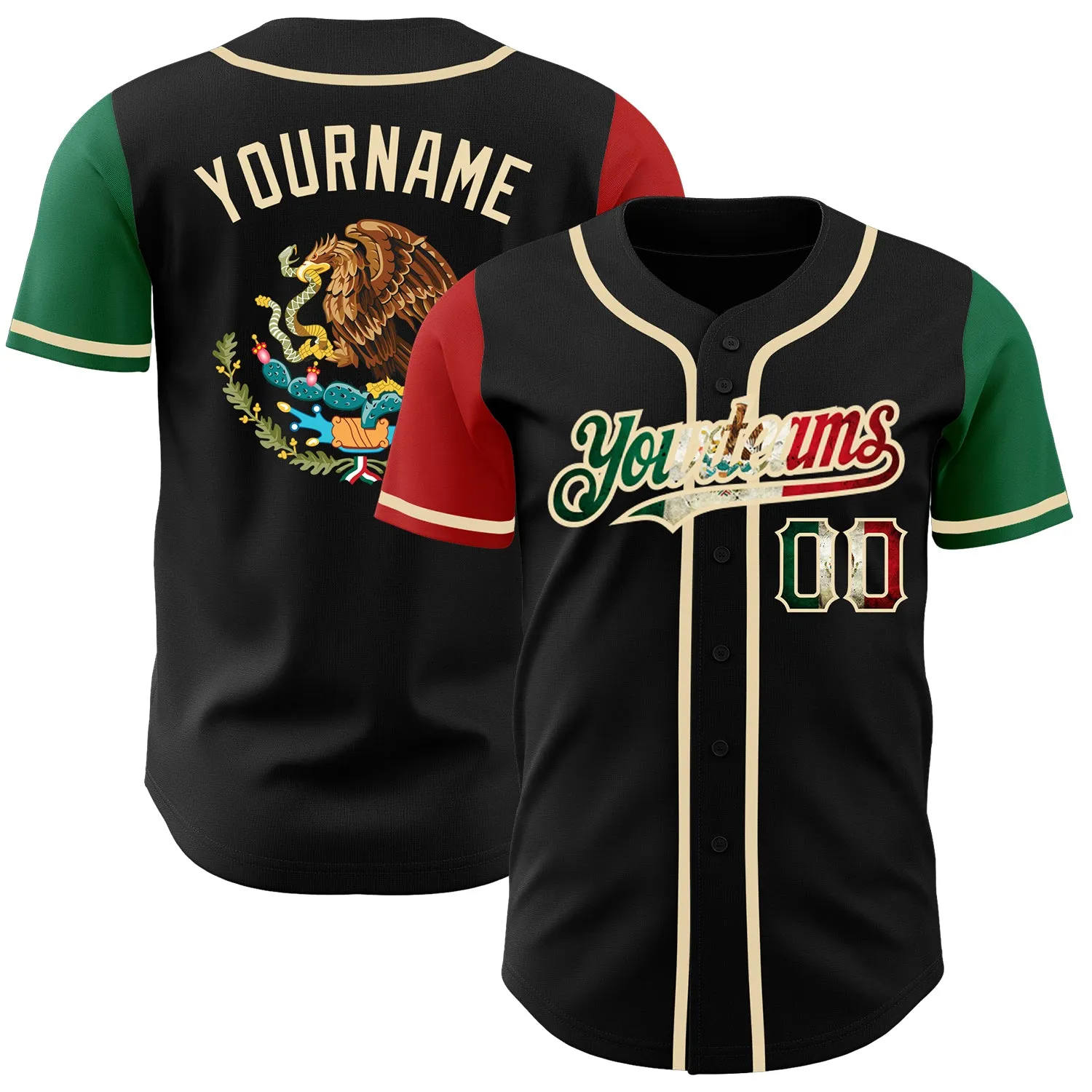 Custom Black Vintage Mexican Flag Kelly Green Red-City Cream Authentic Two Tone Baseball Jersey FansIdea