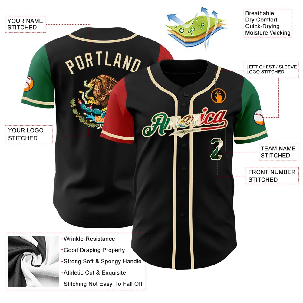 Custom Black Vintage Mexican Flag Kelly Green Red-City Cream Authentic Two Tone Baseball Jersey FansIdea