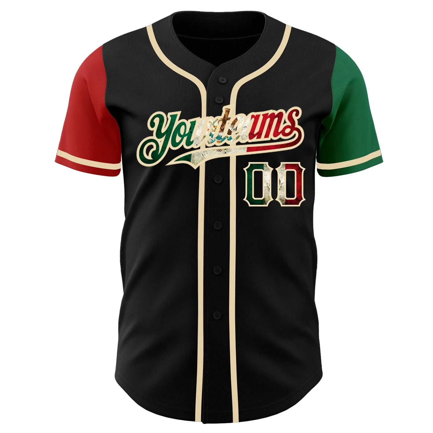 Custom Black Vintage Mexican Flag Kelly Green Red-City Cream Authentic Two Tone Baseball Jersey FansIdea